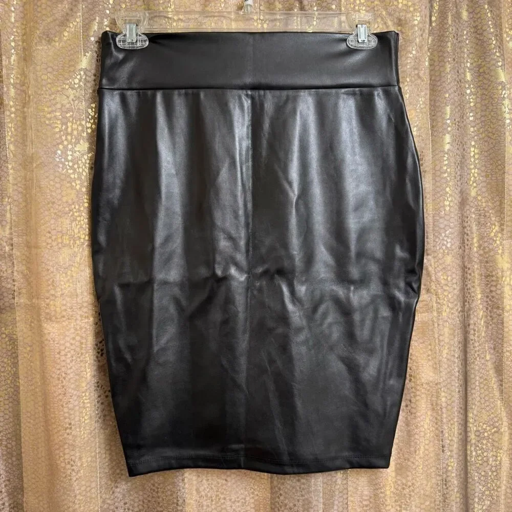Andrea Sexy Goth Black Faux Leather Lace Up Bodycon Skirt Large